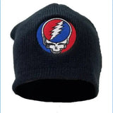 Black knitted beanie featuring a circular embroidered patch with the iconic grateful dead skull design in red, blue, and white.