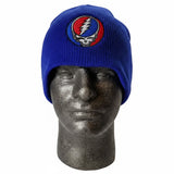 Royal blue knitted beanie featuring an embroidered grateful dead logo with a red, white, and blue skull design.