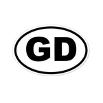 Oval sticker with 'GD' text on a white background