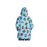 Light blue hoodie with colorful bear patterns on a white background
