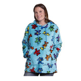 Woman wearing a blue hoodie with colorful bear patterns on a white background
