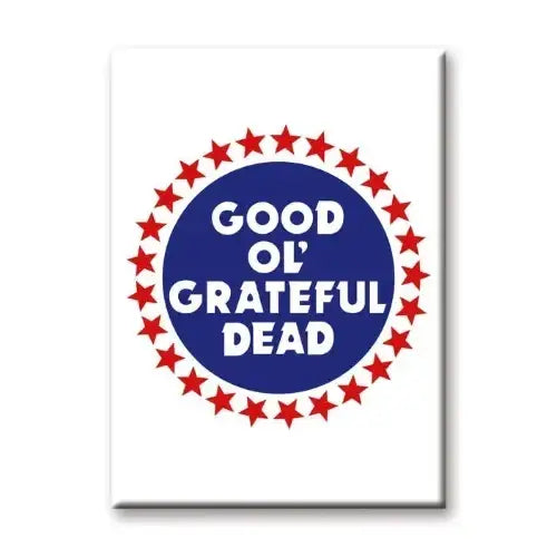 A circular blue and red logo reading ’GOOD OL’ GRATEFUL DEAD’ surrounded by stars.