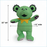 Green grateful dead dancing bear plush with black spiky ears yellow collar and colorful patterned paw pads full size 22 inches