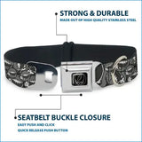 Black elastic belt with a silver seatbelt buckle closure and a repeating gray lightning bolt pattern featuring the grateful dead logo.