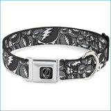 Black and white grateful dead dog collar with a silver buckle featuring the band’s iconic skull logo.