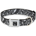 Dog collar with black and gray pattern and silver buckle on a white background