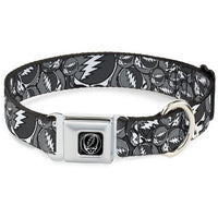 Dog collar with black and gray pattern and silver buckle on a white background