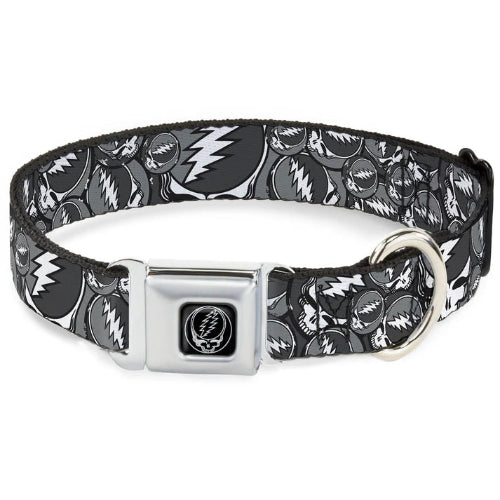 Dog collar with black and gray pattern and silver buckle on a white background