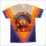 A Grateful Dead tie-dye t-shirt featuring a central graphic of a skeleton playing a guitar above pumpkins, with the band's name arched above. The shirt has a beige base fading into orange, yellow, blue, and purple tie-dye patterns.