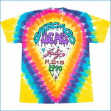 Colorful tie-dye t-shirt with text and graphics on a white background