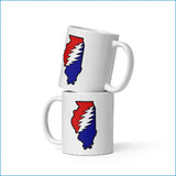 Two white mugs with a red, white, and blue design of the state of Illinois on a white background.