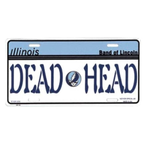License plate with 'DEAD HEAD' text and a logo on a light blue background