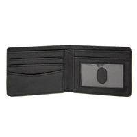 Black leather wallet with card slots on a white background