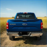 Blue ford f-150 4x4 pickup truck with a chrome rear bumper and tailgate.