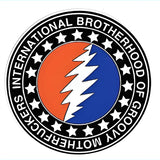 Circular sticker featuring the iconic grateful dead lightning bolt logo in white, set against a split orange and blue background with black stars around its perimeter.