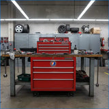 Red rolling tool chest with silver handles and a circular logo on the front.
