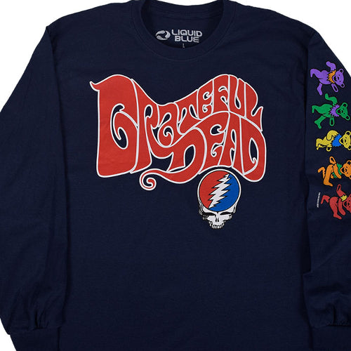 Navy long-sleeve shirt with Grateful Dead logo and colorful designs on sleeves against a white background
