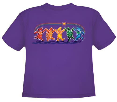 Purple t-shirt featuring a colorful design of dancing skeleton figures across the chest.