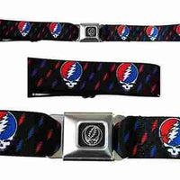 Belt featuring a repeating Grateful Dead ’Steal Your Face’ skull logo pattern on the strap.