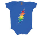 Blue baby onesie with a colorful lightning bolt design on the front.