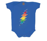 Blue baby onesie with a colorful lightning bolt design on the front.