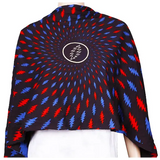 Black shawl with red and blue pattern on a white background