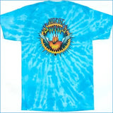A bright blue tie-dye t-shirt featuring a large graphic on the back with the words 'Let It Shine' in a spiky circular design around a winged heart.