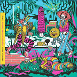 Colorful album cover with cartoon characters and vibrant patterns