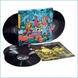 Vinyl records with colorful cover featuring artistic illustrations on a white background
