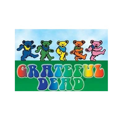 Colorful 'Grateful Dead' logo with five bears and the band name on a blue and green background.