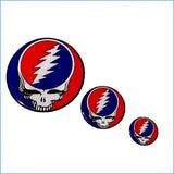 Set of three classic grateful dead enamel pins featuring red and blue skull lightning bolt design officially licensed merchandise