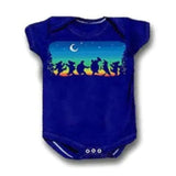 Blue baby onesie with a colorful graphic of silhouettes against a night sky design.