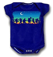 Navy blue infant onesie with a colorful graphic design across the chest.