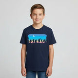 Child wearing a navy blue t-shirt with a colorful graphic design on a light gray background