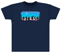 Navy blue t-shirt with a colorful graphic design on the chest depicting silhouettes of people dancing under a night sky.