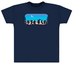 Navy blue t-shirt with a colorful graphic design on the chest depicting silhouettes of people dancing under a night sky.