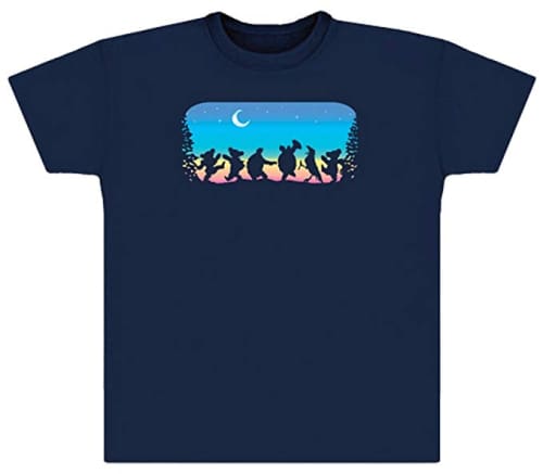 Navy blue t-shirt with a colorful graphic design on the chest depicting silhouettes of people dancing under a night sky.