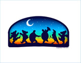 Arched sticker featuring silhouettes of dancing animals against a gradient sky with stars and moon.