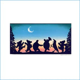 Silhouetted cartoon characters in a forest scene under a crescent moon and starry sky.