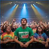 A crowd of concert-goers in an arena, with the central person wearing a bright green t-shirt that reads 'MORNING DEW' in bold white and red letters.