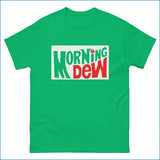 A bright green short-sleeve crewneck t-shirt featuring a 'MORNING DEW' logo graphic on the chest in green, red, and white.