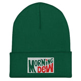 Green beanie with 'Morning Dew' logo on a white background