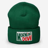 Green beanie with 'Morning Dew' text on a white background