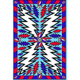 Colorful patterned design with geometric shapes and symbols on a white background