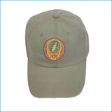 Khaki cap with a colorful emblem on a white background