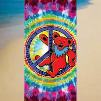 Red dancing bear inside a peace symbol on a tie-dye pattern.