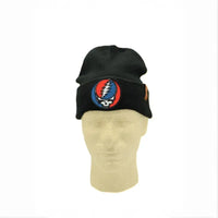 Black knit beanie with a Grateful Dead ’Steal Your Face’ logo patch.