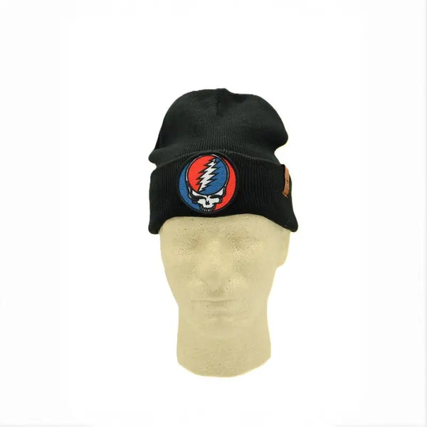 Black knit beanie with a Grateful Dead ’Steal Your Face’ logo patch.