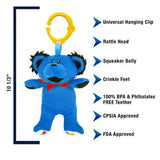 Blue bear-shaped teether with features listed on a white background