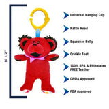 Red teddy bear teether with features listed on a white background